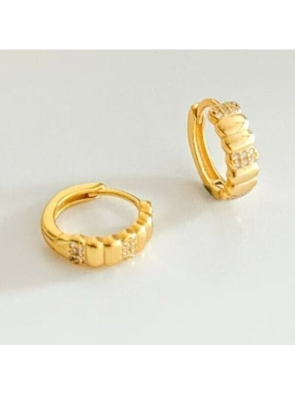 CZ Lined Gold Huggie Earrings Wide Sparkly Huggies Everyday Gold Hoops PRETTY